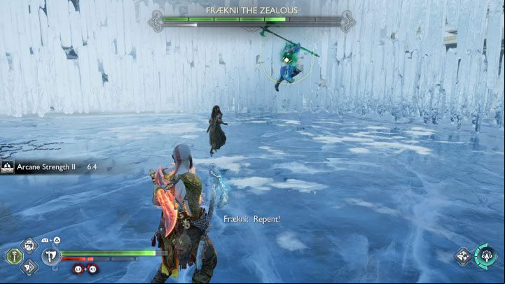 Fraekni has a difficult to dodge attack used by many Bersekers - it's a yellow aerial attack - God of War Ragnarok: How to defeat the Berserker Fraekni the Zealous? - Berserkers - God of War Ragnarok Guide