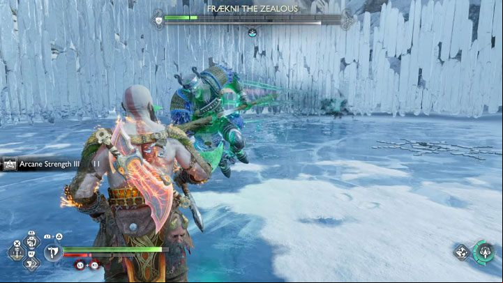 Fraekni's dangerous attack is also a red charge - dodge to aside to avoid receiving heavy damage - God of War Ragnarok: How to defeat the Berserker Fraekni the Zealous? - Berserkers - God of War Ragnarok Guide