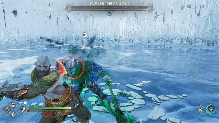 Once Fraekni's health bar is depleted, you can perform an execution (R3) - God of War Ragnarok: How to defeat the Berserker Fraekni the Zealous? - Berserkers - God of War Ragnarok Guide