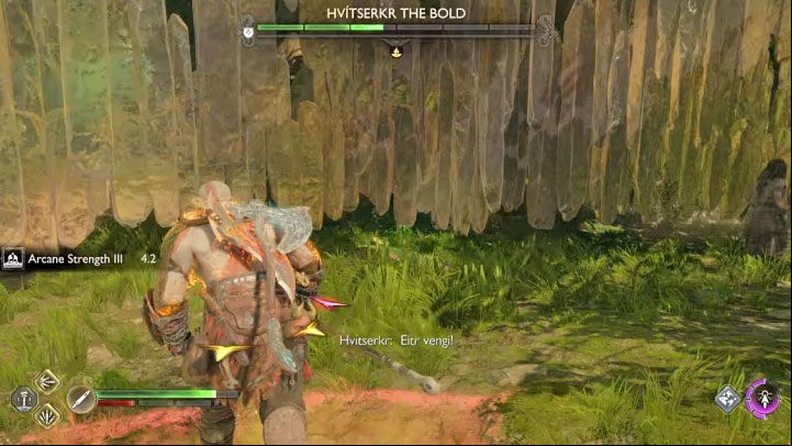 One of the red boss attacks creates red circles on the ground - God of War Ragnarok: How to defeat the berserk Hvitserkr the Bold? - Berserkers - God of War Ragnarok Guide