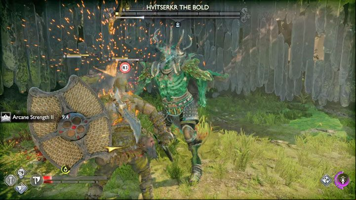 Once Hvitserkr's health bar is depleted, there will be an opportunity to perform an execution on the boss - press R3 - God of War Ragnarok: How to defeat the berserk Hvitserkr the Bold? - Berserkers - God of War Ragnarok Guide
