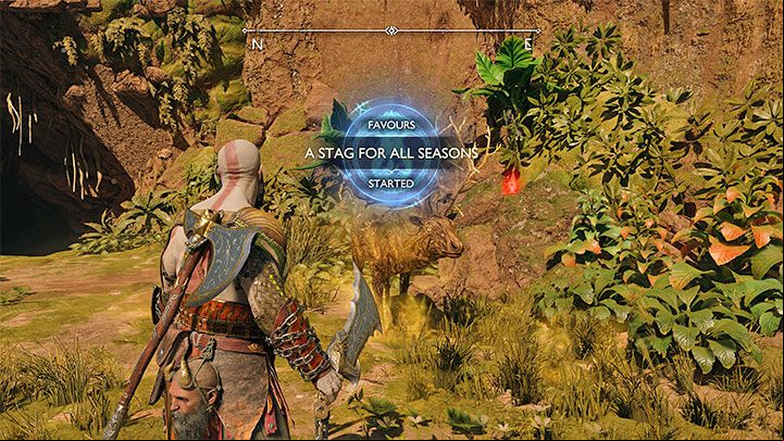 You can start this task in Vanaheim by finding the first Stag out of the 4 - their locations are described further down the page - God of War Ragnarok: A Stag for All Seasons - walkthrough - Favors - Vanaheim - God of War Ragnarok Guide