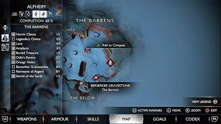 This gravestone is found in Barrens in Alfheim - God of War Ragnarok: Fit for a King - walkthrough - Favors - Nine Realms - God of War Ragnarok Guide