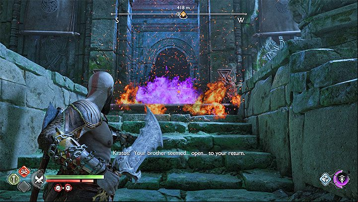 2) Use the Blades of Chaos to set fire to the sigil - use a ranged attack (you need to be within the Blades' range) - God of War Ragnarok: How to destroy Red Heavy Vines? - Exploration - God of War Ragnarok Guide