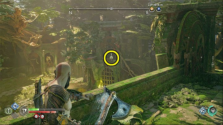 You can see a hanging explosive behind the second totem - God of War Ragnarok: Garden for the Dead - walkthrough - Favors - Vanaheim - God of War Ragnarok Guide