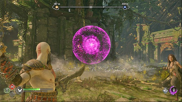 The third totem is in the central part of the garden and you can see another explosive vessel behind it - God of War Ragnarok: Garden for the Dead - walkthrough - Favors - Vanaheim - God of War Ragnarok Guide