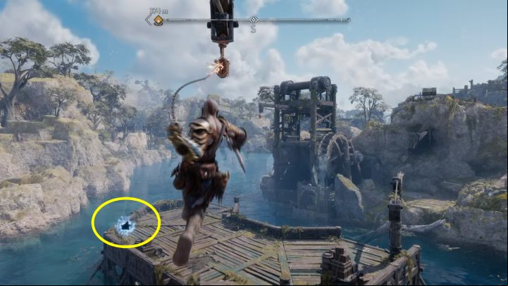 You must first unlock the Draupnir Spear to get to the wooden platform by the island - God of War Ragnarok: Alberich Island, Svartalfheim - secrets, collectibles - Svartalfheim - God of War Ragnarok Guide