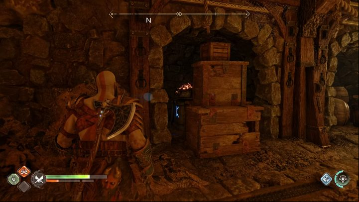 In the same corridor you will find the 2nd torch, hidden behind wooden chests - God of War Ragnarok: Myrkr Tunnels, Svartalfheim - sercrets, collectibles - Svartalfheim - God of War Ragnarok Guide