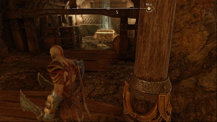 Destroy the barricade using Sigil arrows and Blades of Chaos to get to the chest - God of War Ragnarok: Myrkr Tunnels, Svartalfheim - sercrets, collectibles - Svartalfheim - God of War Ragnarok Guide