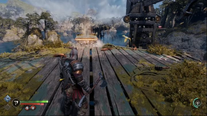 The chest stands on top of a wooden structure - God of War Ragnarok: Modvitnirs Rig, Svartalfheim - secrets, collectibles - Svartalfheim - God of War Ragnarok Guide