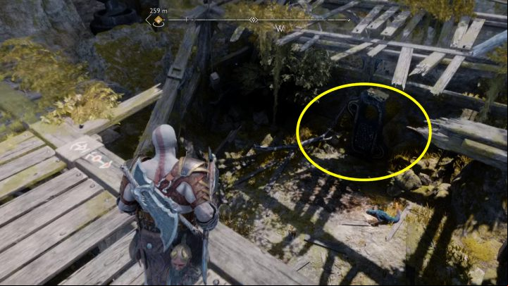 The runes are under a wooden platform - God of War Ragnarok: Modvitnirs Rig, Svartalfheim - secrets, collectibles - Svartalfheim - God of War Ragnarok Guide