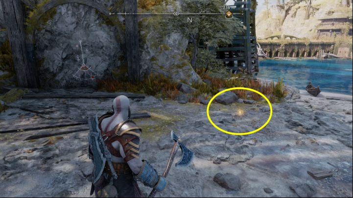 The collectible is on the ground by the wooden platform - God of War Ragnarok: Modvitnirs Rig, Svartalfheim - secrets, collectibles - Svartalfheim - God of War Ragnarok Guide