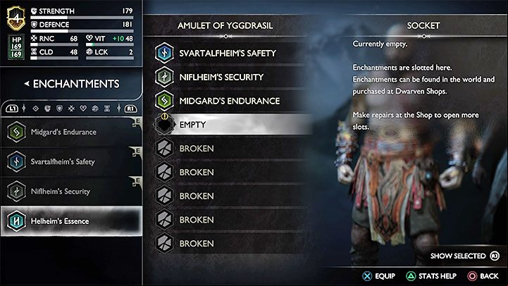 From now on, you can use the slot to store Enchantsments - God of War Ragnarok: How to repair the amulet from The Reckoning story quest? - Character development - God of War Ragnarok Guide