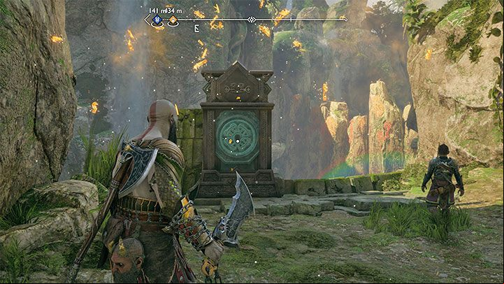 Once the obstacle is gotten rid of, go down, reach the chain and climb up - God of War Ragnarok: The Mysterious Orb - walkthrough - Favors - Vanaheim - God of War Ragnarok Guide