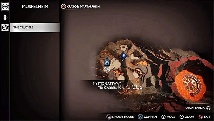After you get both of them, you can visit any Mystic Gateway and choose the Crucible in Muspelheim as a quick destination - God of War Ragnarok: The Crucible, The Final Challenges - walkthrough - Favors - Muspelheim - God of War Ragnarok Guide