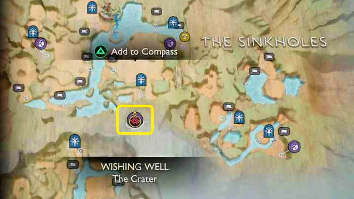 You can find the Wishing Well in the place marked in the image above - God of War Ragnarok: Acquiring crafting ingredients - Character development - God of War Ragnarok Guide