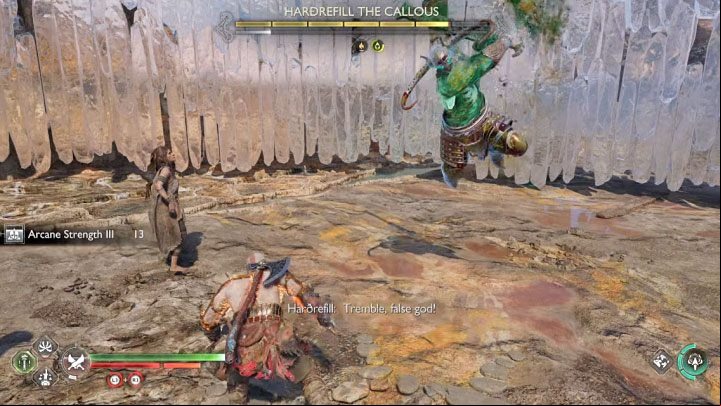 His yellow attack involves launching in the air followed by a spin attack - God of War Ragnarok: How to defeat the Hardrefill the Callous berserker boss? - Berserkers - God of War Ragnarok Guide