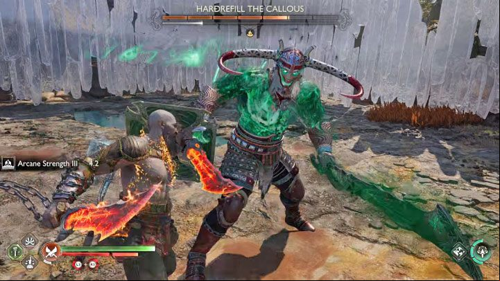 During combat in melee range, the boss uses a combination of a yellow and a regular attack - God of War Ragnarok: How to defeat the Hardrefill the Callous berserker boss? - Berserkers - God of War Ragnarok Guide