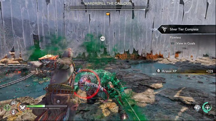 Once the boss' health bar is depleted, you can perform an execution (R3) - God of War Ragnarok: How to defeat the Hardrefill the Callous berserker boss? - Berserkers - God of War Ragnarok Guide