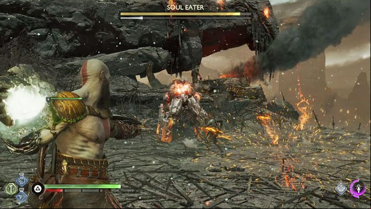 Soul Eater can leave projectiles lying behind - pick them up - God of War Ragnarok: How to defeat Soul Eaters? - Bosses - God of War Ragnarok Guide
