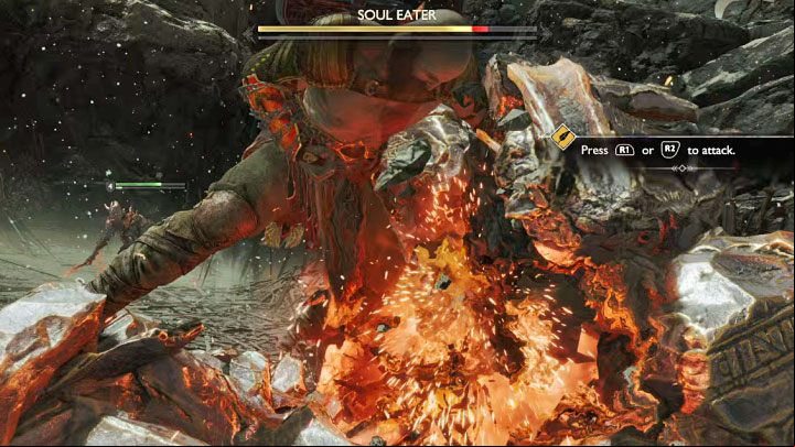 Striking the Soul Eater's core will stun the boss - once that happens, approach him quickly and press R3 - God of War Ragnarok: How to defeat Soul Eaters? - Bosses - God of War Ragnarok Guide