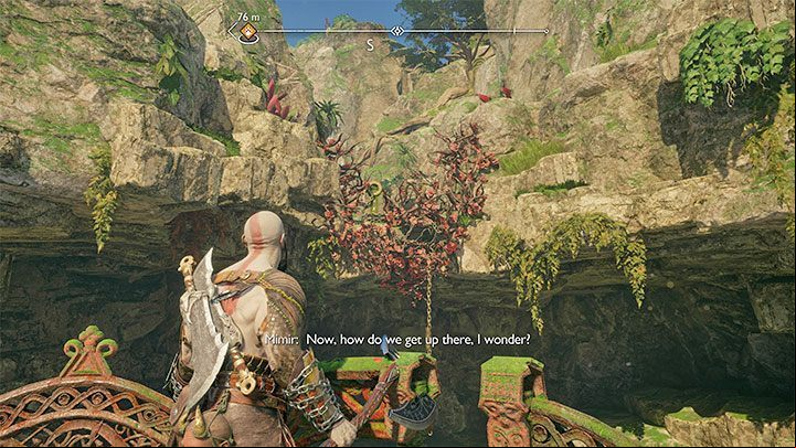 Position yourself where you can see the chain covered by red vines - God of War Ragnarok: Freyas Missing Peace - walkthrough - Favors - Vanaheim - God of War Ragnarok Guide