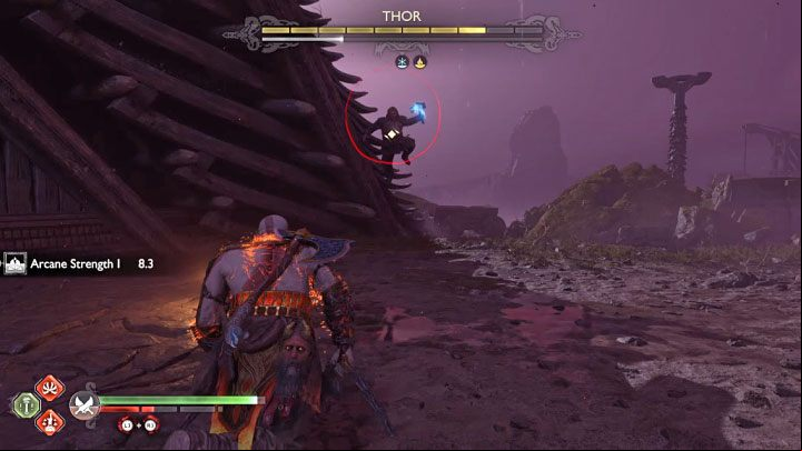 Thor can attack you with Mjolnir, or red lightning attacks - God of War Ragnarok: How to defeat Thor (second fight)? - Bosses - God of War Ragnarok Guide