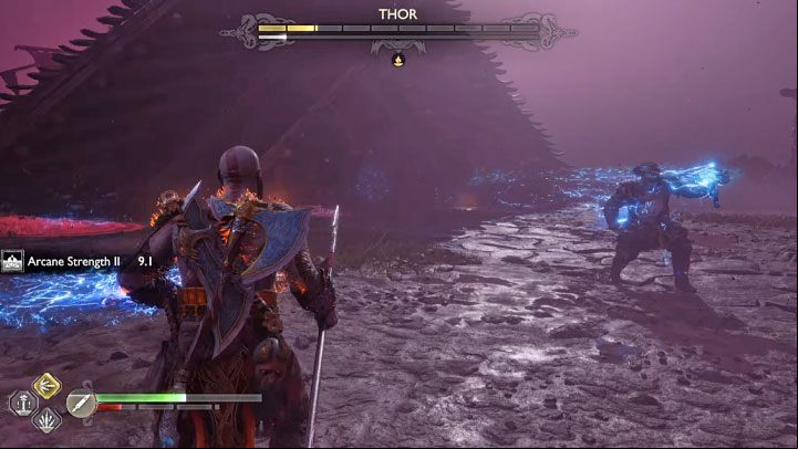 Be ready to avoid Thor's hard landings - jump away from the red circle that shows where he will land - God of War Ragnarok: How to defeat Thor (second fight)? - Bosses - God of War Ragnarok Guide