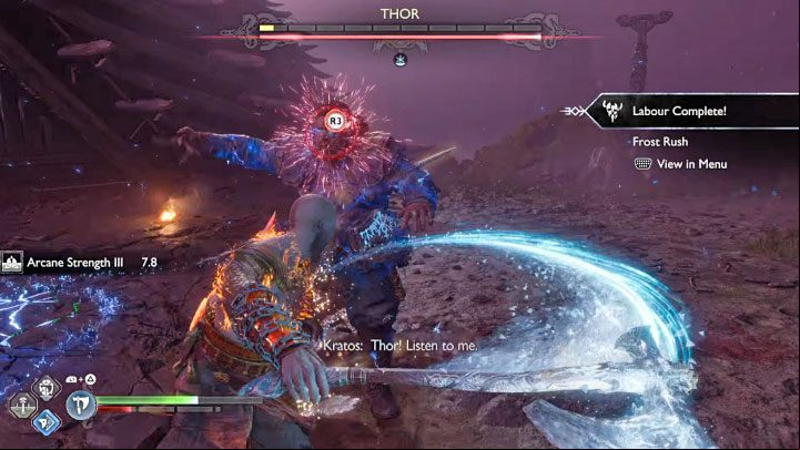 Fight until an opportunity to grab the stunned boss appears - once that happens, run up to Thor and press R3 - God of War Ragnarok: How to defeat Thor (second fight)? - Bosses - God of War Ragnarok Guide