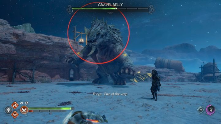 Watch out for the enemy's red attacks and block with your shield the yellow attacks that the creature performs with its tail - God of War Ragnarok: The Desert Door - walkthrough - Favors - Alfheim - God of War Ragnarok Guide