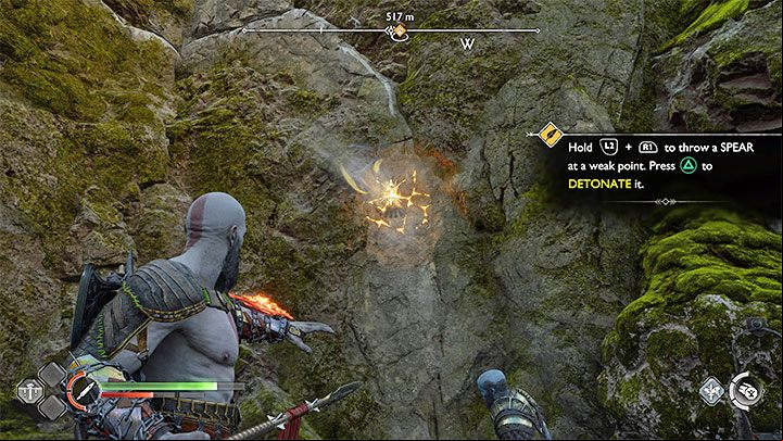 This is the first time where you need to use the spear to unlock the path forward - equip it and aim and throw at the weak point with escaping air (screenshot) - God of War Ragnarok: Forging Destiny - walkthrough - Walkthrough - God of War Ragnarok Guide