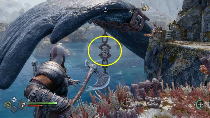 Cut the device marked on the screen and when the creature lifts up the fin, destroy the weak element of the chain - God of War Ragnarok: How to free Lyngbakrs fins and tail? - Exploration - God of War Ragnarok Guide