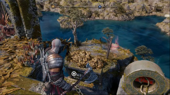 Grab the handle on the lever and jump to the other side - God of War Ragnarok: How to free Lyngbakrs fins and tail? - Exploration - God of War Ragnarok Guide