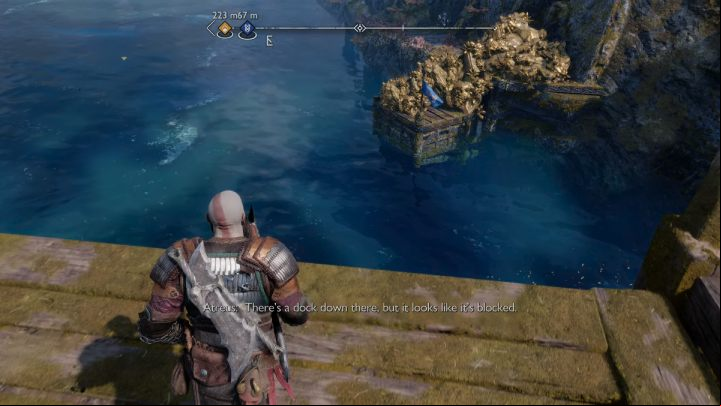 Throw a bomb on the debris blocking the boat dock - God of War Ragnarok: How to free Lyngbakrs fins and tail? - Exploration - God of War Ragnarok Guide