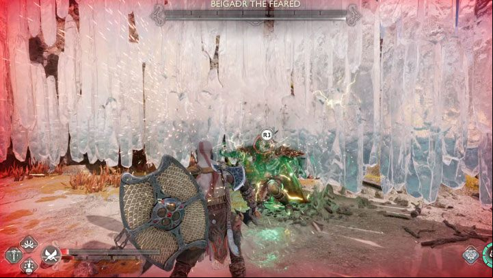 Once the boss' health bar is depleted, you can perform an execution (R3) - God of War Ragnarok: How to defeat the Beigadr the Feared berserker boss? - Berserkers - God of War Ragnarok Guide