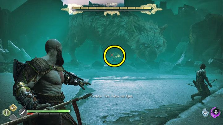 During the actual fight with Garm, select the spear and throw it at the chains on Garm's upper limbs - God of War Ragnarok: How to defeat Garm (chase and second battle)? - Bosses - God of War Ragnarok Guide