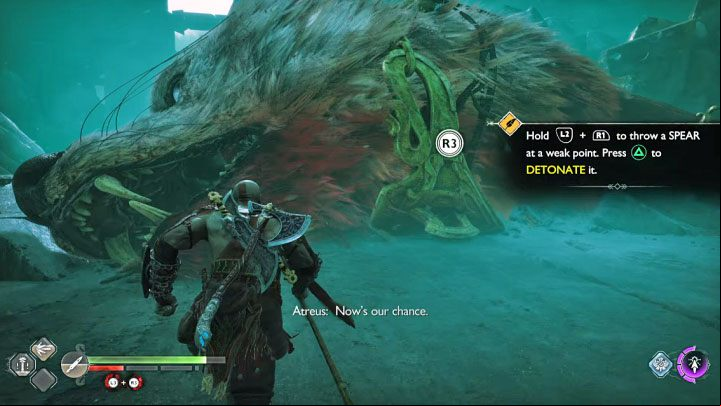 Fight until you can grab the collar of the knocked down Garm by pressing R3 (above image) - God of War Ragnarok: How to defeat Garm (chase and second battle)? - Bosses - God of War Ragnarok Guide