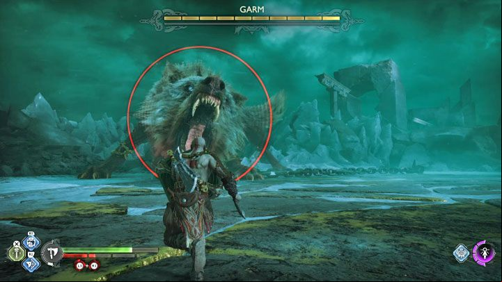During the red attack, the boss leaps towards Kratos and tries to bite him - God of War Ragnarok: How to defeat Garm (first battle)? - Bosses - God of War Ragnarok Guide