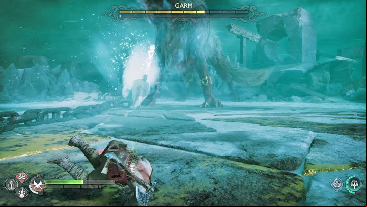 In the later part of the fight, Garm will start spitting ice projectiles - these are red attacks and you must always dodge them - God of War Ragnarok: How to defeat Garm (first battle)? - Bosses - God of War Ragnarok Guide