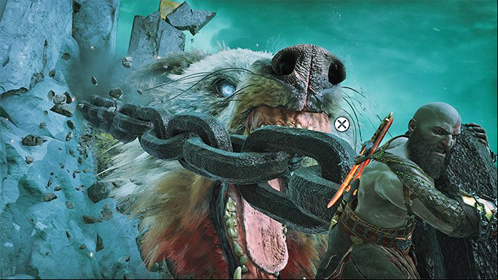 At the end of the fight, you must freeze the chain again once it gets stuck in ice - God of War Ragnarok: How to defeat Garm (first battle)? - Bosses - God of War Ragnarok Guide