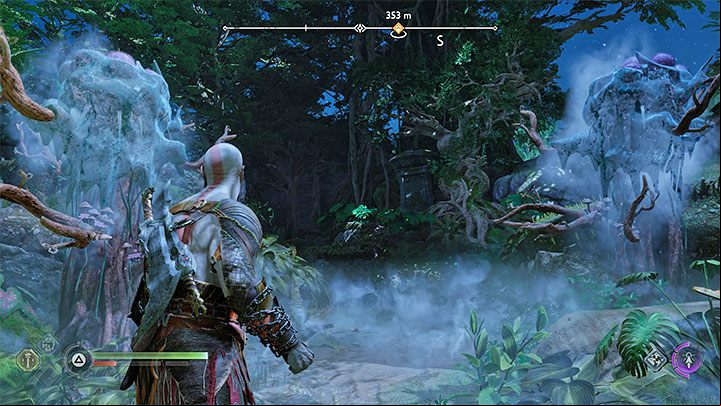 Sigil arrows will allow you to freeze both plants at the same time - the picture above shows an example - God of War Ragnarok: How to avoid blue poisonous gas in Vanaheim? - Exploration - God of War Ragnarok Guide