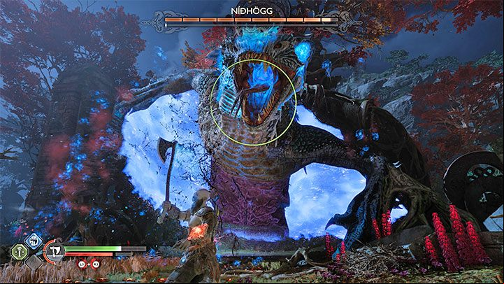 Nidhogg health is displayed in form of one long energy bar, but at certain points in the battle, you'll advance to its new phases and the boss' repertoire will change - God of War Ragnarok: How to defeat Nidhogg from Vanaheim? - Bosses - God of War Ragnarok Guide