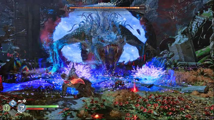 One of the more dangerous moves is a red attack that generates a bifrost field in front of the boss - God of War Ragnarok: How to defeat Nidhogg from Vanaheim? - Bosses - God of War Ragnarok Guide
