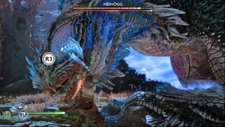 You can damage the boss by hitting its head - try to get closer to the head every time after one of the more powerful attacks - God of War Ragnarok: How to defeat Nidhogg from Vanaheim? - Bosses - God of War Ragnarok Guide