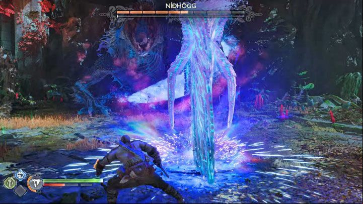 The boss will start using a red attack that involves driving blades into the ground - they will appear at gaps generated by the snake - God of War Ragnarok: How to defeat Nidhogg from Vanaheim? - Bosses - God of War Ragnarok Guide
