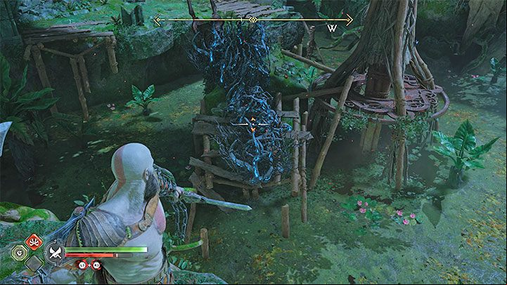 There is a broken bridge ahead, and unlocking the way forward involves a puzzle - your task is to reach the path seen in the distance - God of War Ragnarok: The Reckoning - walkthrough - Walkthrough - God of War Ragnarok Guide