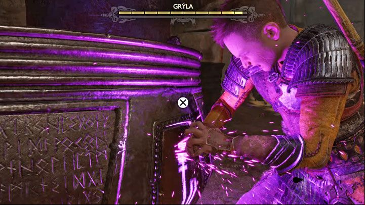 The health bar on the screen is for the cauldron, not Gryla, because getting it destroyed will become your priority in this battle (not defeating the giant woman) - God of War Ragnarok: How to defeat Gryla and how to destroy the cauldron? - Bosses - God of War Ragnarok Guide