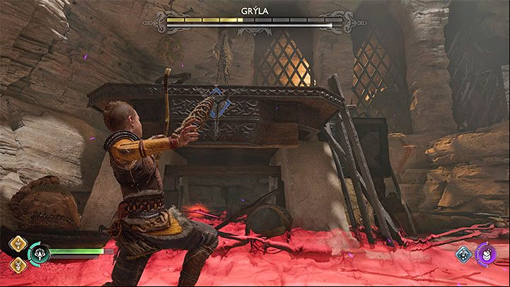 At certain points in the battle, the ground will light up red - a warning of a larger area attack - God of War Ragnarok: How to defeat Gryla and how to destroy the cauldron? - Bosses - God of War Ragnarok Guide