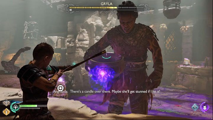 When fighting on the upper level, you theoretically have less room for action, but you can grab onto interactive hooks and use them to move to other places - God of War Ragnarok: How to defeat Gryla and how to destroy the cauldron? - Bosses - God of War Ragnarok Guide