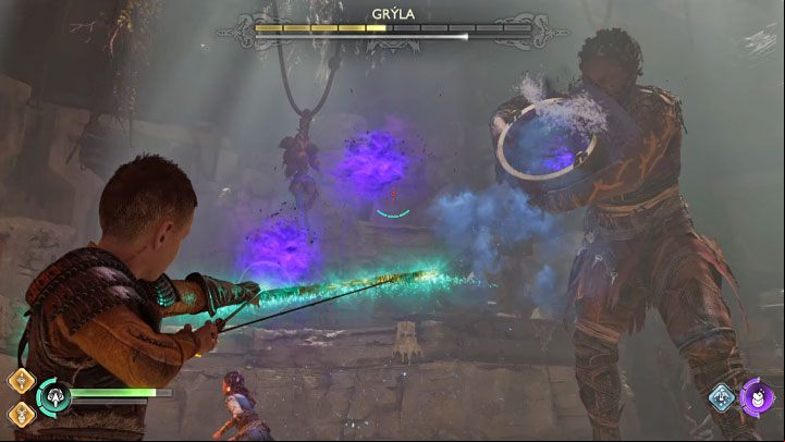 Gryla will start using a new type of yellow attack - release homing purple projectiles - God of War Ragnarok: How to defeat Gryla and how to destroy the cauldron? - Bosses - God of War Ragnarok Guide